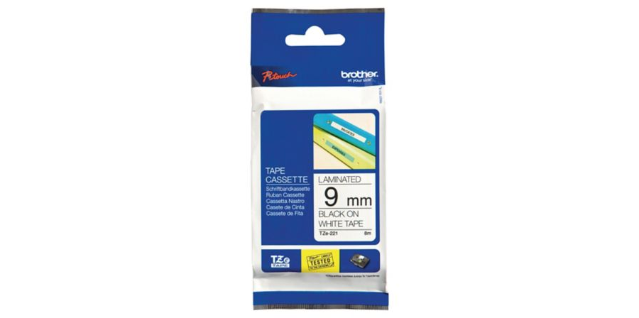 Schriftband für P-touch TZe-221 9 mm breit schwarz/weiss