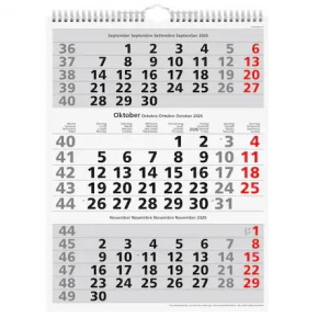 Monatskalender Simplex 3 Monate pro Seite, grau/rot