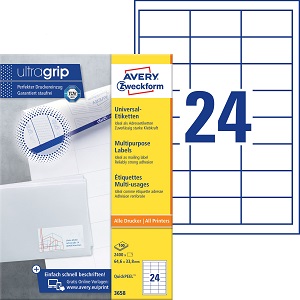 Etiketten  Ultragrip  24 Et. pro Bogen 64,6x33,8 mm  1 Schachtel à 100 Bögen